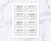 Editable and printable raffle tickets with a black and white theme. These DIY raffle tickets are the best way to create perfectly customized raffle tickets for your party or event!