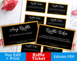 Editable and printable raffle tickets with a gold and black theme. These DIY raffle tickets are the best way to create perfectly customized raffle tickets for your party or event!