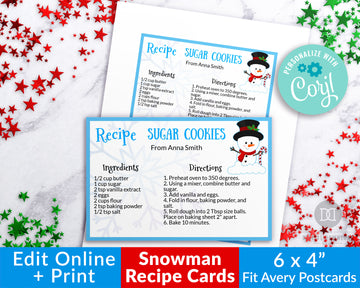 Snowman Winter Recipe Card Editable Printable *EDIT ONLINE*