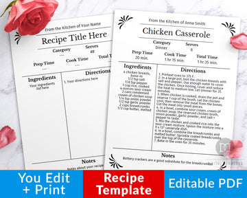 Recipe Template Editable Printable- Black + White