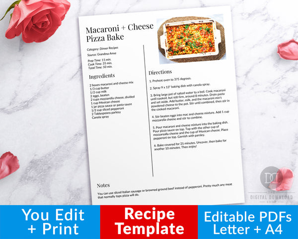 Recipe Template with Photo Editable Printable- Photo Right