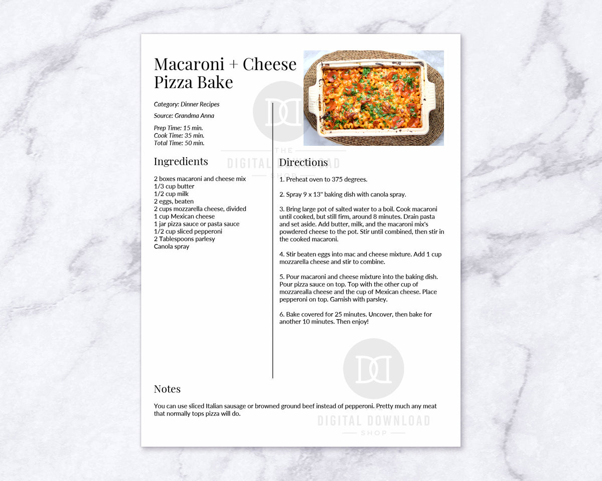 Recipe Template with Photo Editable Printable- Photo Right | The ...