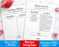 Recipe template editable printable with a beautiful pink and black theme! This editable cookbook template page is the perfect way to get your family's favorite recipes organized, or can be given as a thoughtful wedding gift!
