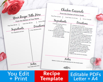 Editable Cookbook Template- Recipe Template Pink + Black