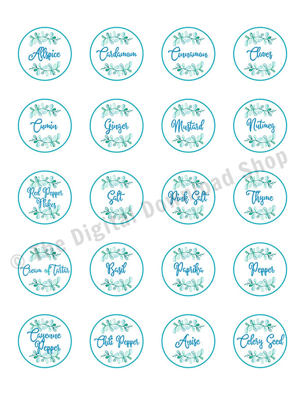 Printable Spice Jar Labels 1.5" Circles- Watercolor Leaf