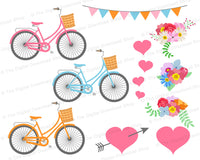 This rustic bike graphics set includes beautiful colorful bikes, including bikes with flowers in their baskets and bikes with flowers on their back wheels, plus bouquets and hearts!