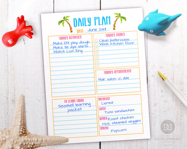 Summer daily and weekly planners with cute summer graphics. Parents, plan out the perfect summer vacation with the help of these printable day at a glance and week at a glance planners!