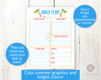 Summer daily and weekly planners with cute summer graphics. Parents, plan out the perfect summer vacation with the help of these printable day at a glance and week at a glance planners!