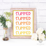 Bright and colorful summer typography wall art printable with a pink to yellow ombre gradient.