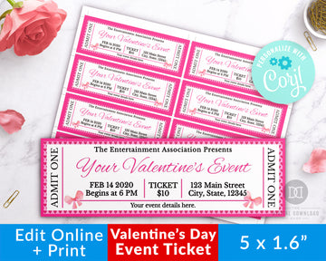 Valentine's Day Event Ticket Editable Template- Bows *EDIT ONLINE*