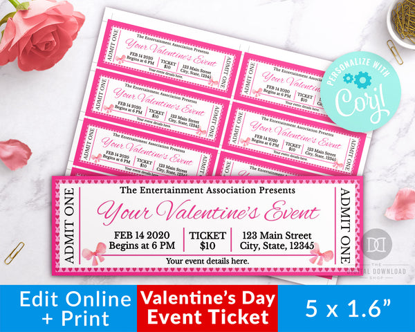 Valentine's Day Event Ticket Editable Template- Bows