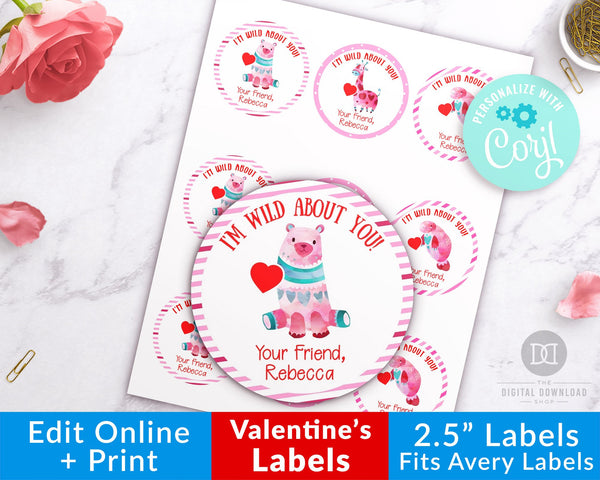Editable Valentine's Day Labels Printable- Make the perfect personalized Valentine's Day labels with this set of editable "I'm Wild About You" labels! They even fit Avery labels! | #ValentinesDay #Valentines #printable #giftTags #DigitalDownloadShop