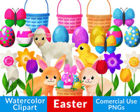 Watercolor Easter Clipart- This Easter graphics set includes beautiful Easter bunnies, Easter eggs, Easter baskets, flowers, and more that would be perfect for making DIY Easter basket tags, homemade Easter cards, and more! | commercial use clipart, #Easter #clipart #DigitalDownloadShop
