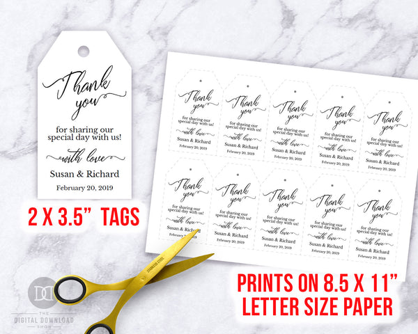 These editable thank you tags would make lovely finishing touches to your wedding favors, and since they're just black and white they're easy on your printer ink!