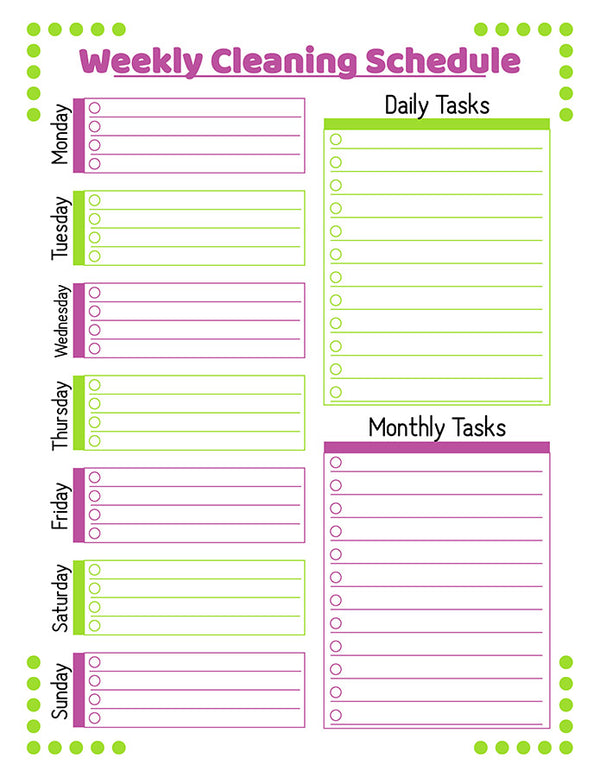 Weekly Cleaning Schedule Printable- Purple + Green
