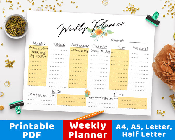 Weekly Planner Printable- Horizontal Floral Watercolor- The Digital Download Shop