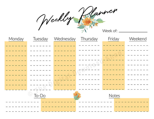 Weekly Planner Printable- Horizontal Floral Watercolor- The Digital Download Shop