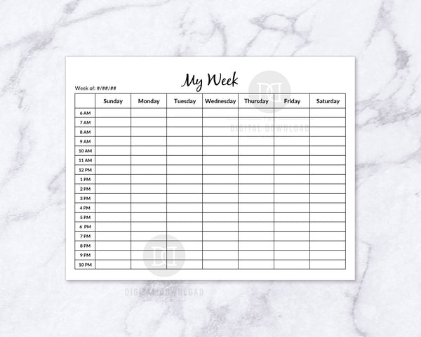 Weekly time blocking editable planner printable. This editable hourly schedule template page is a wonderful way to break down your whole week by hour and improve your productivity!
