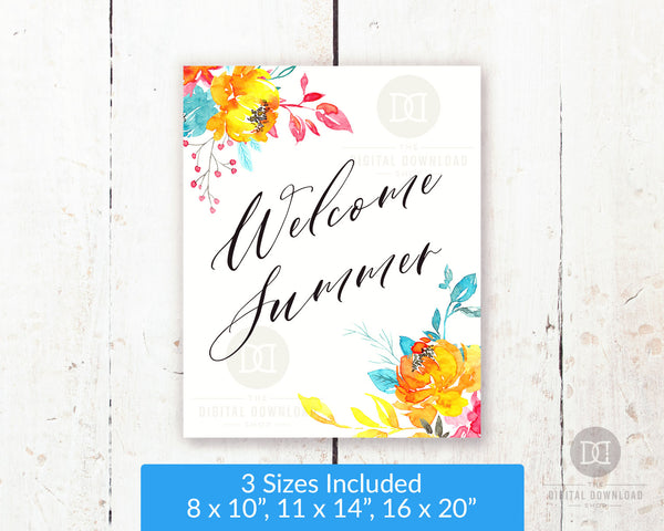 Gorgeous Welcome Summer wall art printable with beautiful brightly colored watercolor flowers. This lovely summer decor art print would be the perfect way to brighten up any room of your home!