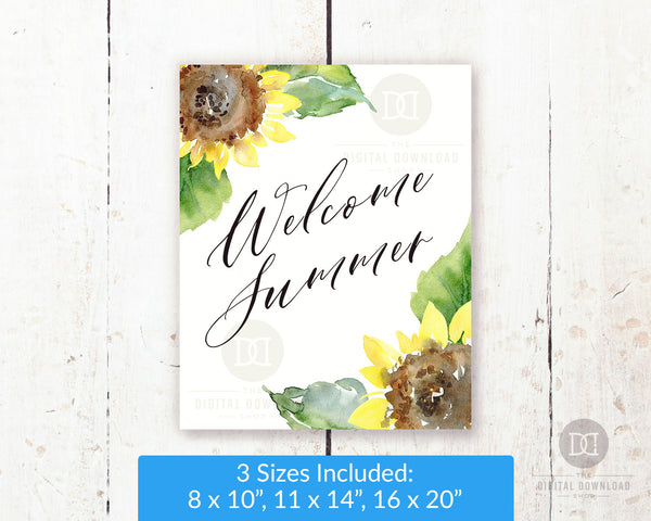 Gorgeous Welcome Summer wall art printable with beautiful watercolor sunflowers.