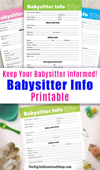 Babysitter Info Sheet Printable- This handy babysitter notes printable can help reduce your stress by creating a single sheet full of all the information your babysitter could possible need! | printables for moms, printables for parents, childcare, #babysitter #printable #DigitalDownloadShop