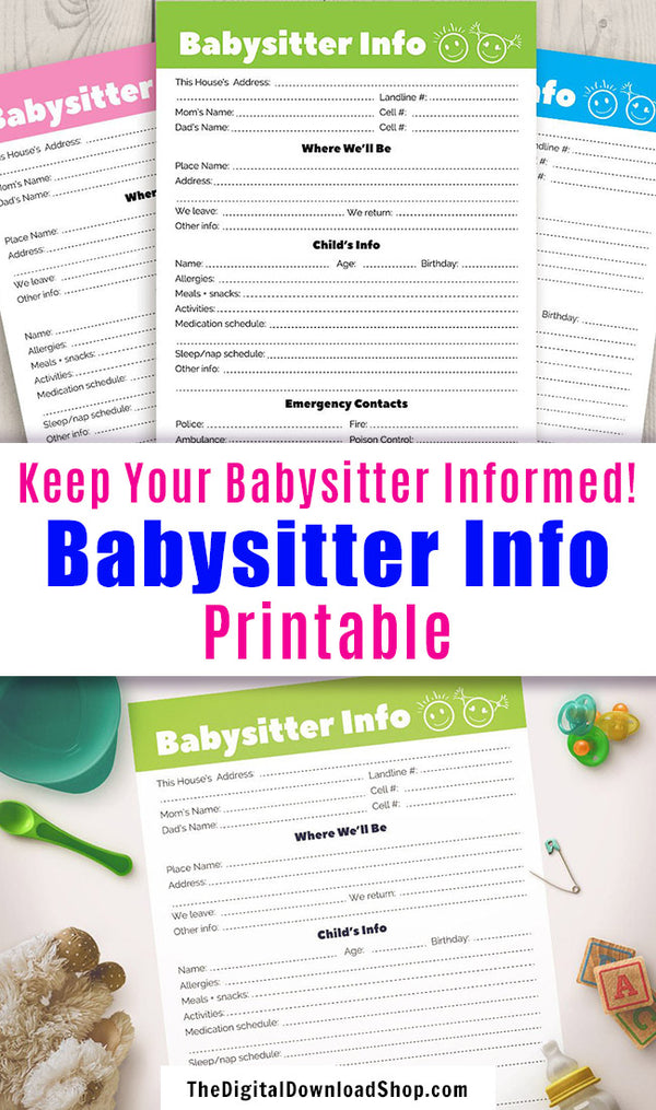 Babysitter Info Sheet Printable- This handy babysitter notes printable can help reduce your stress by creating a single sheet full of all the information your babysitter could possible need! | printables for moms, printables for parents, childcare, #babysitter #printable #DigitalDownloadShop