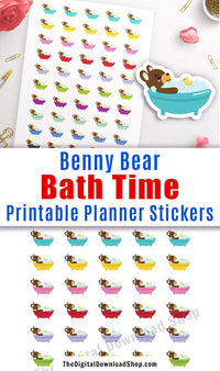 Bath Time Printable Planner Stickers: Benny Bear- Plan for me time and relaxing baths with these cute Benny Bear stickers! | Erin Condren Life Planner, Happy Planner, bullet journal, #printableStickers #plannerStickers #DigitalDownloadShop