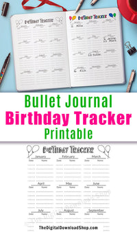 Bullet Journal Birthday Tracker Log Printable- Use this bujo printable to ensure you never forget a friend or family member's birthday! | bujo insert, planner insert printable, #bulletJournal #printable #DigitalDownloadShop