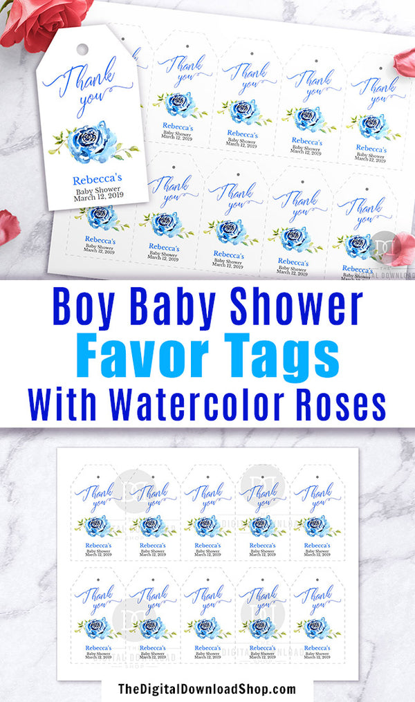 Boy Baby Shower Favor Tags Printable Editable- These thank you tags with blue watercolor roses will add such a lovely touch to the favors at your baby shower or baby sprinkle! | editable gift tags, custom tags, personalized tags, #babyShower #giftTags #DigitalDownloadShop
