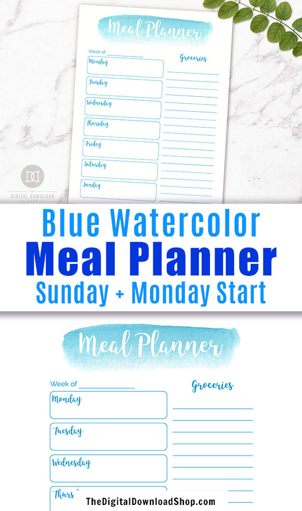 Meal Planner Printable- Blue Watercolor