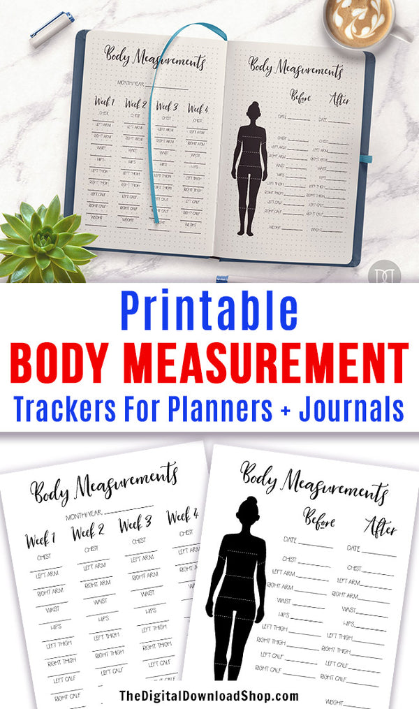2 body measurement tracker printables for bullet journals and other planners. Use these weight loss tracker printables to keep tabs on how your weight loss journey is changing your body measurements! | lose weight, health and wellness, printable fitness planner, #fitness #weightLoss #DigitalDownloadShop
