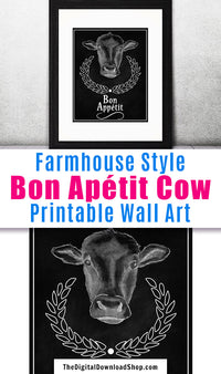 Cow Bon Appetit Sign Printable Wall Art- This "Bon Appétit" cow printable wall art is perfect for framing and displaying in your kitchen or dining room. | #wallArt #farmhouseStyle #DigitalDownloadShop