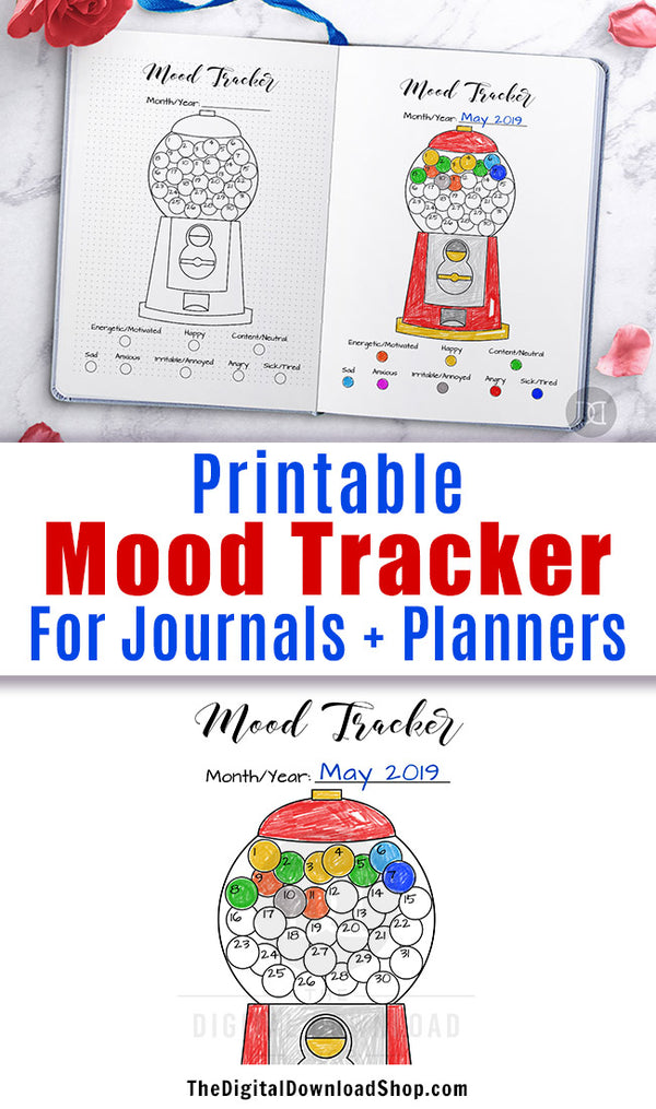 Mood tracker printable for bullet journals and other planners with a fun gumball machine design. | #bulletJournal #bujo #moodTracker #DigitalDownloadShop