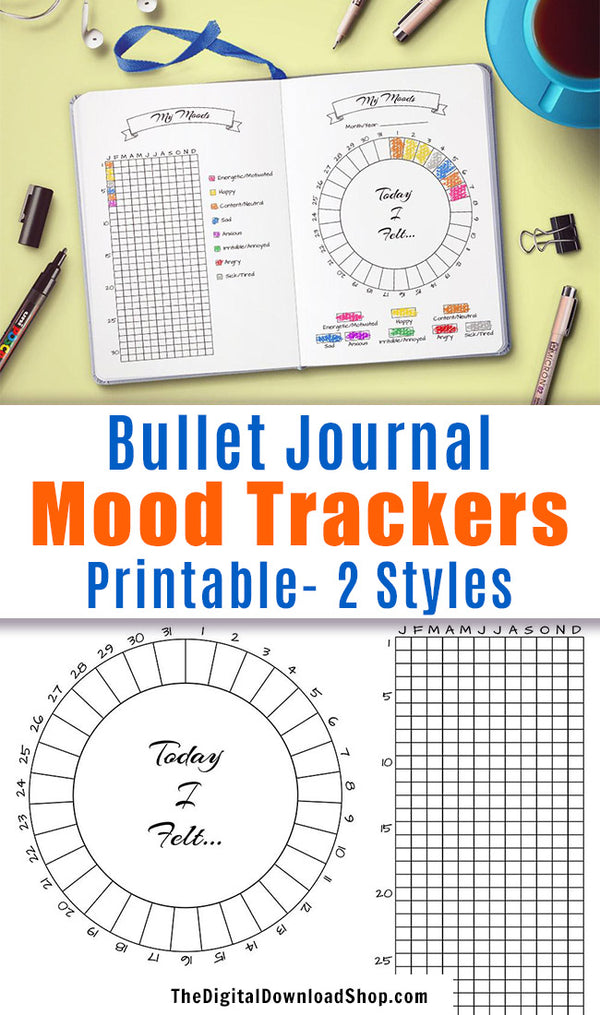 Printable Bullet Journal Mood Trackers in 2 Styles- Use these printable bujo inserts to track your moods in a fun, colorful way! | #moodTracker #bulletJournal #DigitalDownloadShop