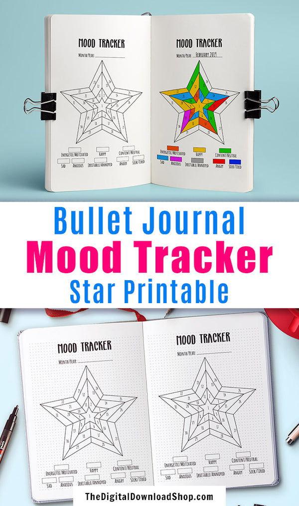 Bullet Journal Mood Tracker Printable: Star- Use this bujo tracker printable for a fun, colorful way to help track your moods, or use it to help you keep tabs on your anxiety or depression. | mental health, self care, feelings log, bujo planner inserts, #moodTracker #bulletJournal #DigitalDownloadShop