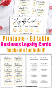 Loyalty Card Template Printable Editable: Gold- These editable customer reward stamp cards are an easy, beautiful, and professional way to issue customer loyalty rewards for your business! | business printables, #smallBusiness #printable #DigitalDownloadShop