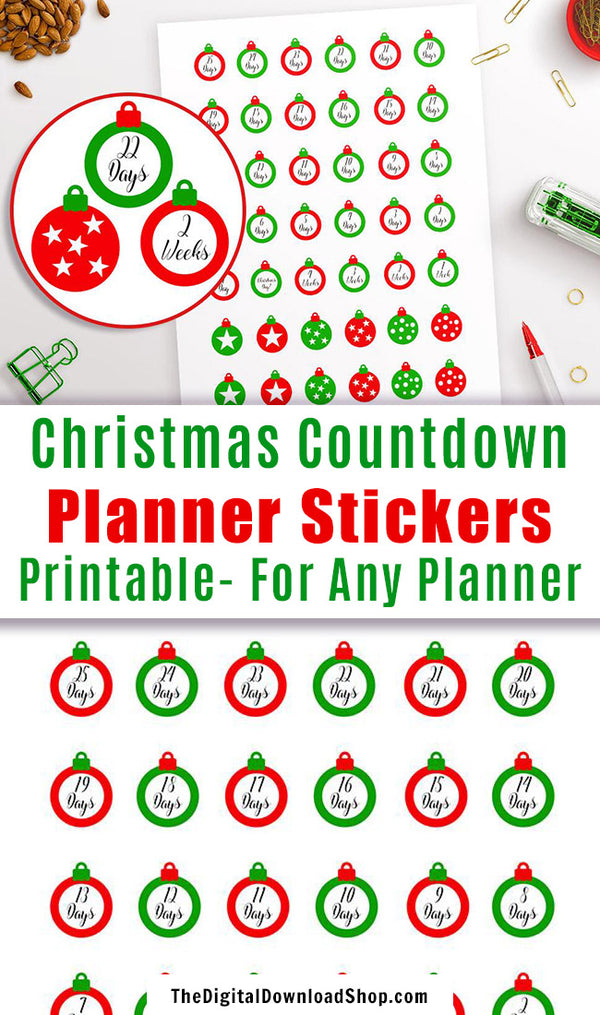 Christmas Countdown Printable Planner Stickers: Ornaments- Use these cute ornament stickers to count down the days and weeks until Christmas! | #plannerStickers #printable #DigitalDownloadShop