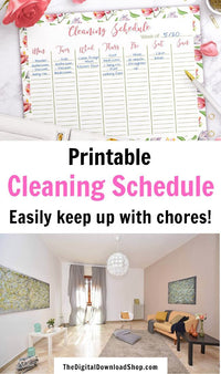 Cleaning Schedule Printable- It's so much easier to keep on top of chores if you have a schedule! And this weekly cleaning schedule template is so pretty and easy to use! | chore chart for adults, home cleaning schedule, #cleaningSchedule #homemaking #cleaning #choreChart #DigitalDownloadShop