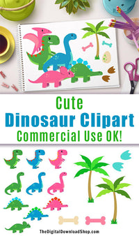 Cute Dinosaur Clipart- 29 cute dinosaur clipart images for personal and commercial use! This dinosaur clipart set includes 15 dinosaurs- 5 different kinds, each in green, blue, and pink. 14 extra graphics (including dinosaur eggs and palm trees) are also included! These would be lovely in scrapbook projects, birthday party invitations, printable nursery wall art, and more! | #clipart #dinosaurs #DigitalDownloadShop