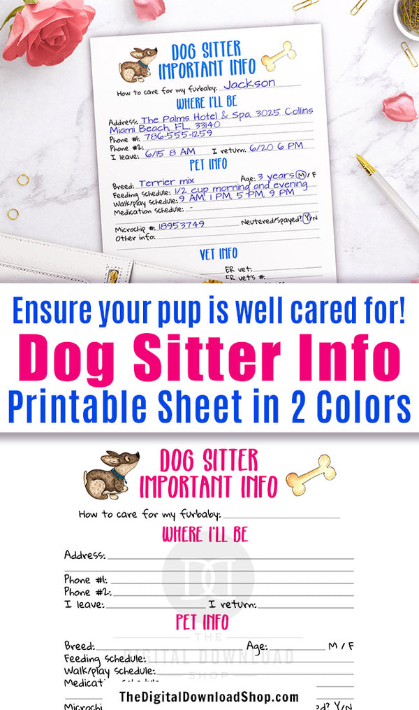 Dog sitter info sheet printable with adorable watercolor dog graphics. Use this pet sitter printable to give your dog sitter an easy reference for how to care for your furbaby!