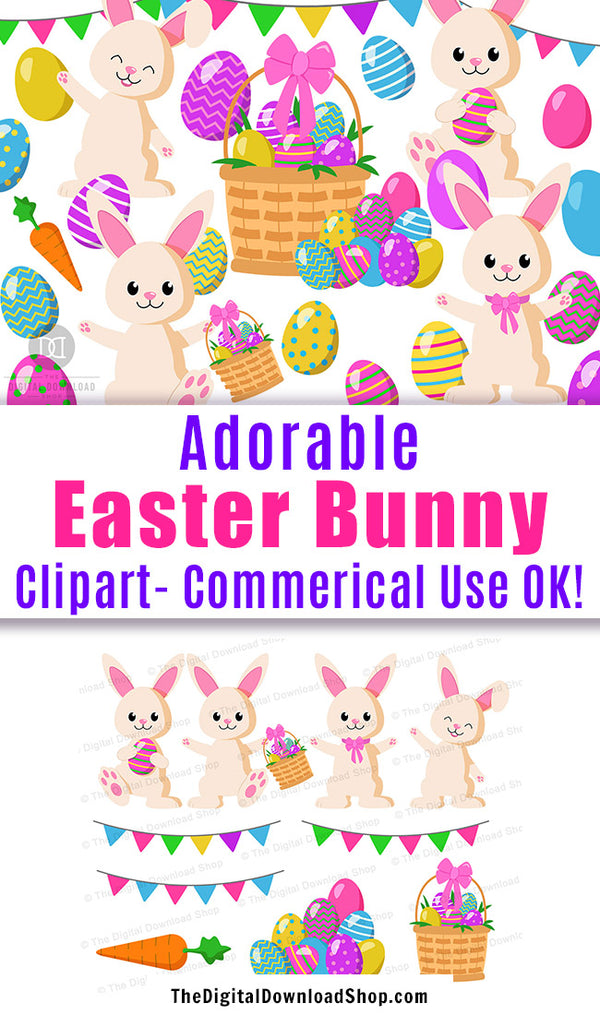 Easter Bunny Clipart- This Easter graphics set includes adorable Easter bunnies, pretty Easter eggs, and more that would be perfect for making DIY Easter basket tags and homemade Easter cards! | commercial use clipart, #EasterBunny #clipart #DigitalDownloadShop