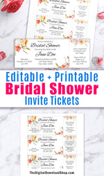 Editable and printable bridal shower invitation tickets. These DIY bridal shower invites are a beautiful (and easy) way to create the perfect invitations for your bridal shower!