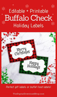 Buffalo Check Christmas Labels Editable Printable- These editable holiday labels can be printed on Avery labels to create adhesive labels to stick on gifts, or printed on card stock to make table cards! | #Christmas #buffaloCheck #giftTags #giftLabels #DigitalDownloadShop