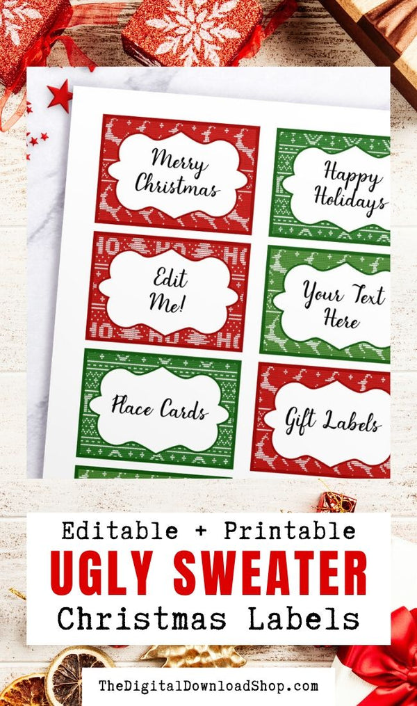 Ugly Sweater Christmas Labels Editable Printable- Editable and printable ugly sweater Christmas labels for presents, place cards, buffet table labels, and more.