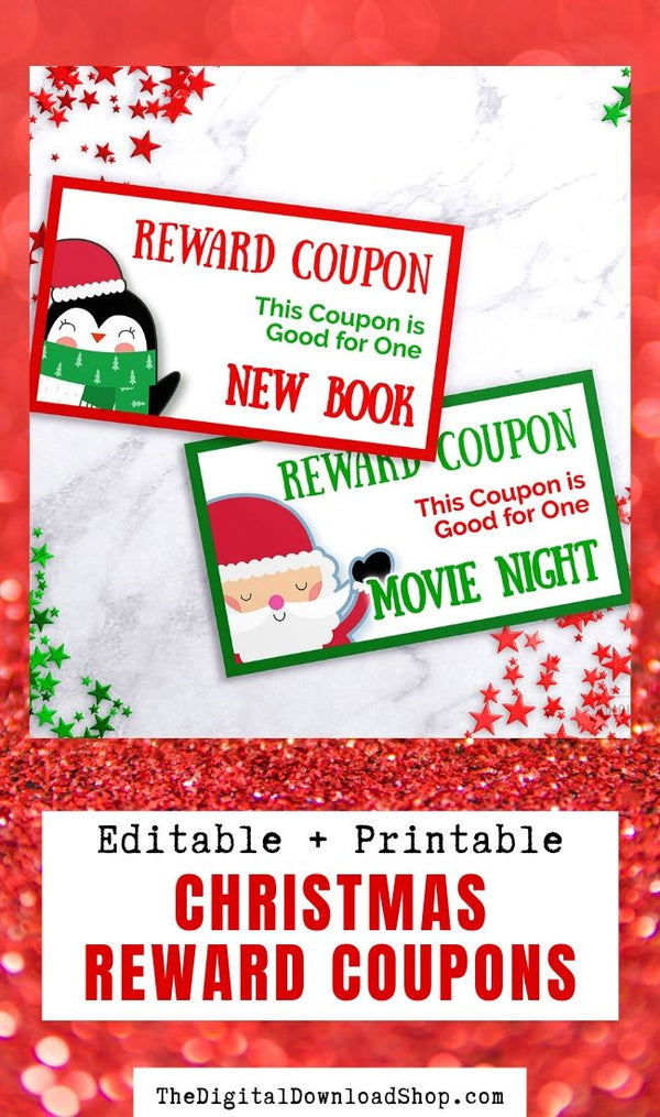 Christmas Kids Coupon Template Printable- These fun holiday reward tickets for kids make wonderful printable stocking stuffers! Or just use them as winter good behavior reward coupons! | #rewardCoupon #Christmas #parenting #printables #DigitalDownloadShop