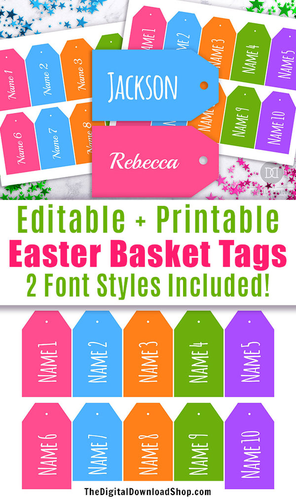 Easter Basket Name Tags Printable- These editable Easter tags are the perfect personalized finishing touch to your Easter baskets! | Easter favor tags, personalized Easter basket tags, #Easter #EasterBasket #printable #DigitalDownloadShop