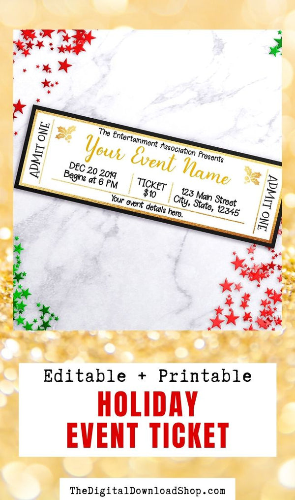 Gold Christmas Event Ticket Template- Use this editable printable gold and black holiday event ticket to invite people to your concert, community play, or other classy holiday event! | #eventTicket #invitation #printable #Christmas #DigitalDownloadShop