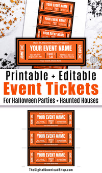 Editable and printable Halloween event tickets. These Halloween invitation tickets would be perfect as haunted house tickets or Halloween party invitations! | Halloween invite printable, haunted house ticket editable, #Halloween #HalloweenParty #hauntedHouse #invitation #DigitalDownloadShop