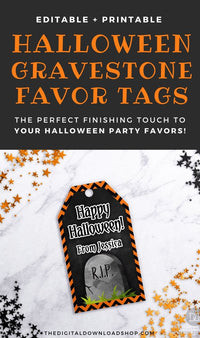 Printable Halloween Favor Tags- This editable and printable Halloween tag template is exactly what you need to finish off your Halloween party favors! | #HalloweenDIY #Halloween #partyFavors #HalloweenParty #DigitalDownloadShop