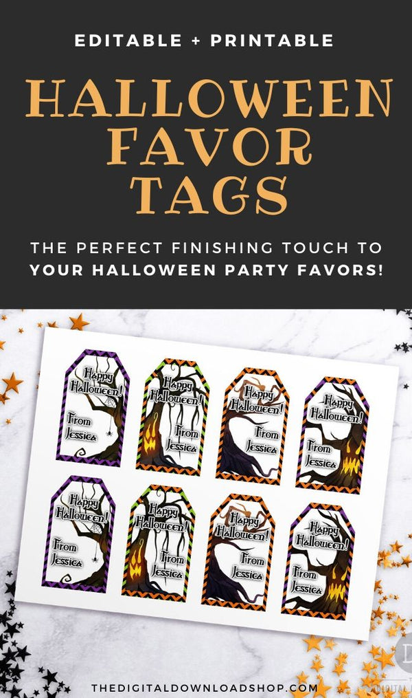 Printable Halloween Favor Tags Template- For the perfect finishing touch to your Halloween party favors, use these editable and printable spooky tree favor tags! | #Halloween #favorTags #printableTags #HalloweenDIY #DigitalDownloadShop